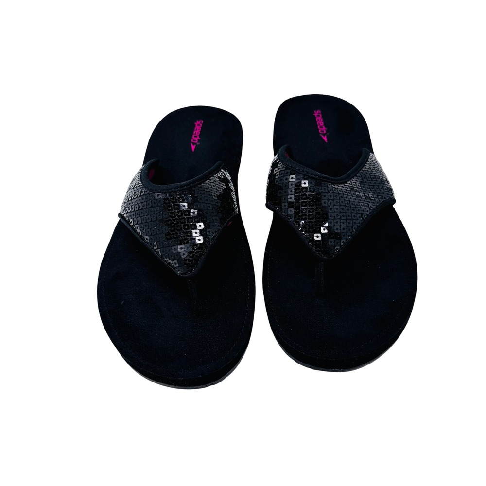 Speedo Sandals Women 10 Black Sequin Platform Flip Flops Thong Pool Shoes Summer